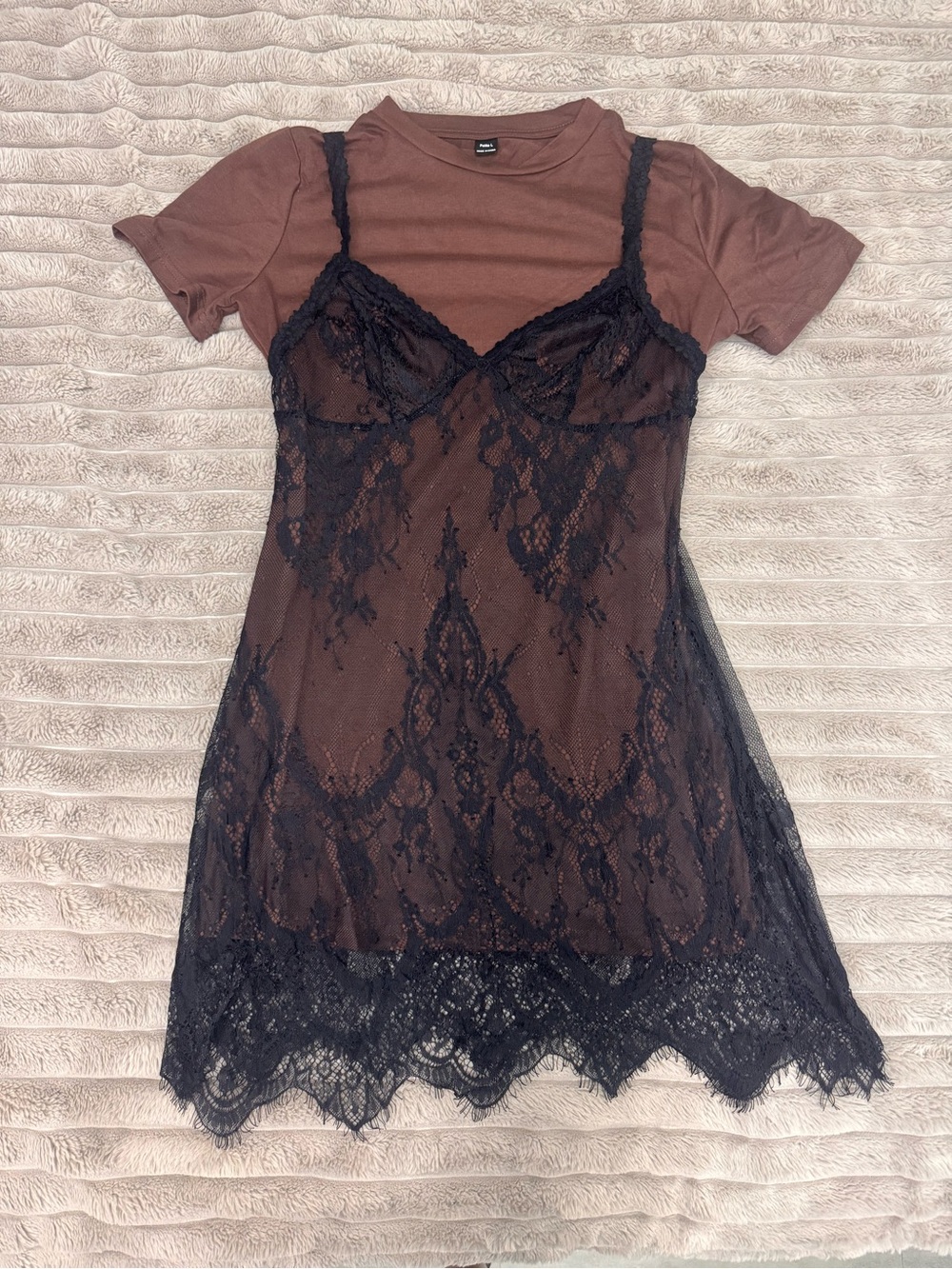 Black Lace Slip Dress with Brown Underlayer